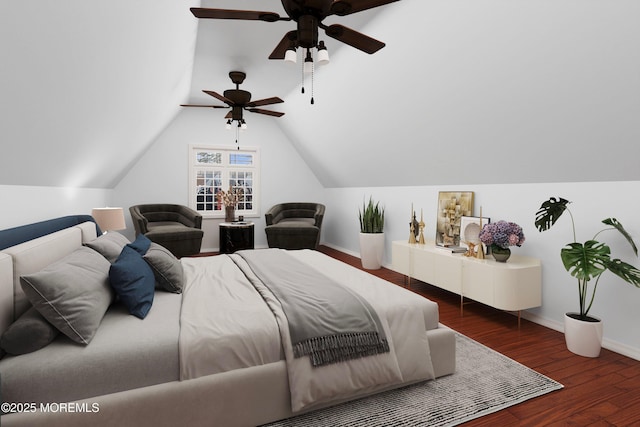 bedroom featuring dark hardwood / wood-style flooring, ceiling fan, and lofted ceiling