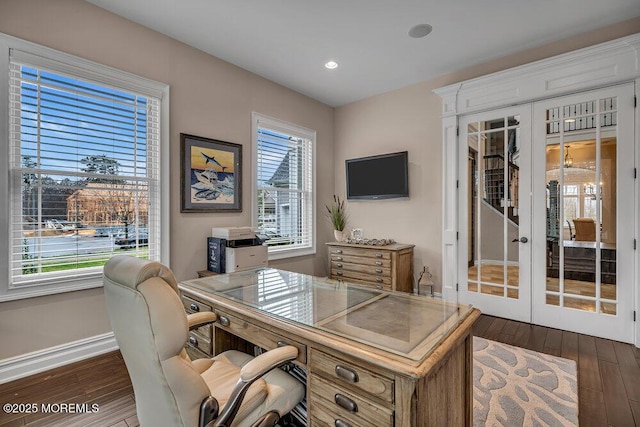 office area with french doors and dark wood-type flooring