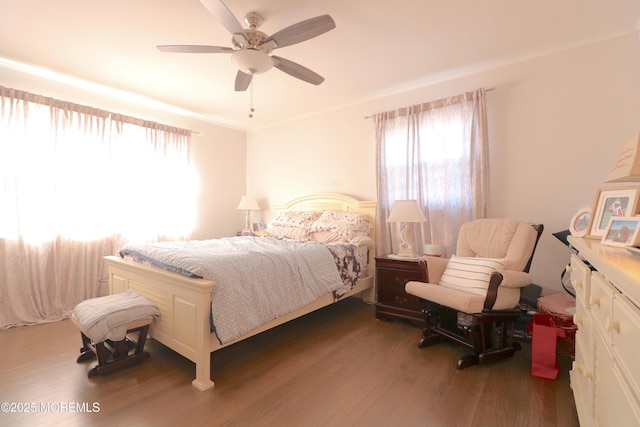 bedroom featuring a ceiling fan and wood finished floors