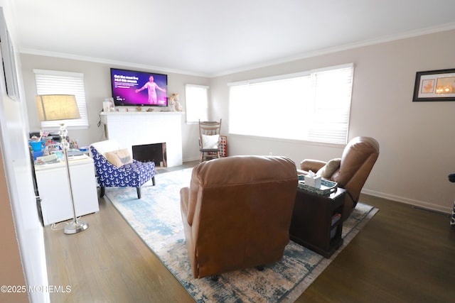 living area with a fireplace with flush hearth, wood finished floors, and ornamental molding