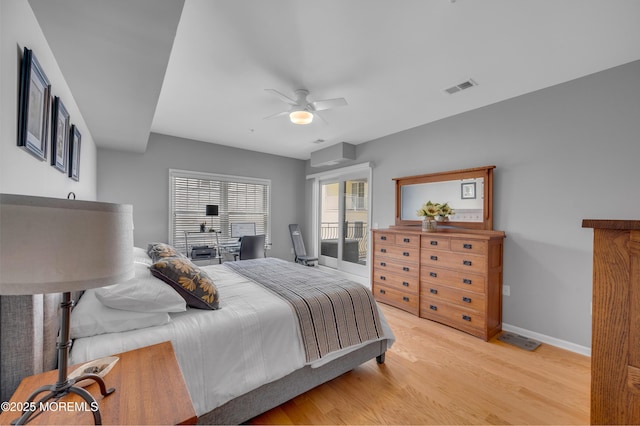 bedroom featuring ceiling fan and light hardwood / wood-style flooring