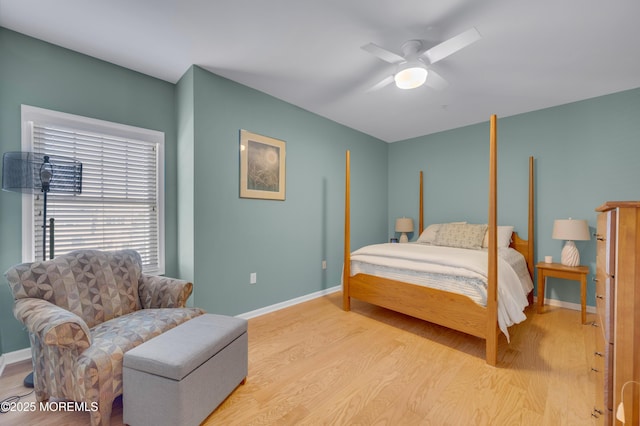 bedroom featuring ceiling fan and light hardwood / wood-style flooring