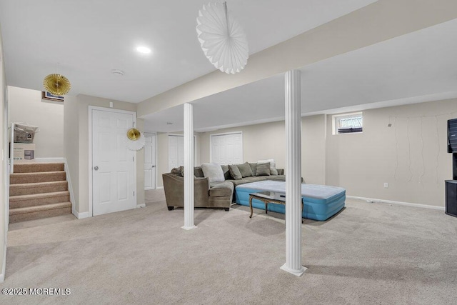 living room with light colored carpet