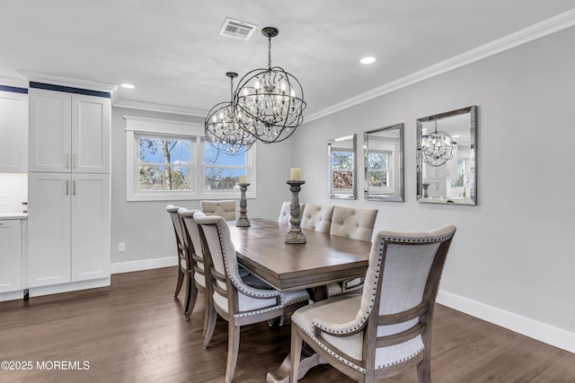 dining room with dark wood-style floors, baseboards, visible vents, recessed lighting, and ornamental molding