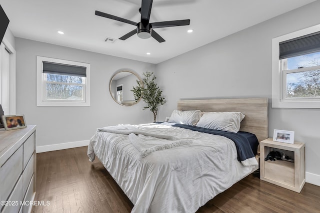 bedroom with baseboards, multiple windows, and dark wood-type flooring