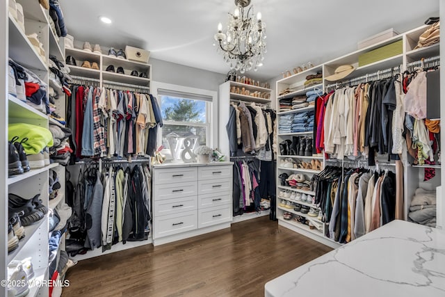 walk in closet with dark wood-type flooring and an inviting chandelier