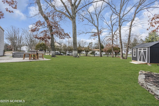 view of yard featuring a patio area, a storage unit, and an outdoor structure