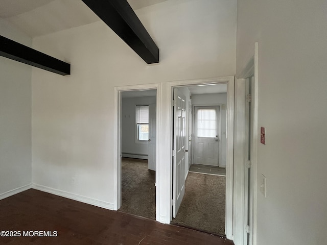 hallway featuring baseboard heating, dark hardwood / wood-style flooring, and beamed ceiling