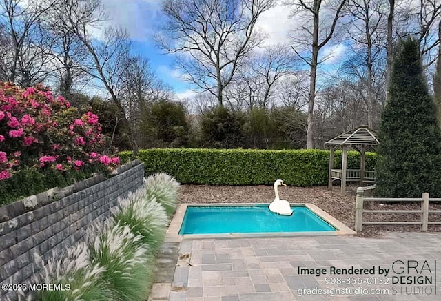 view of swimming pool featuring fence, a fenced in pool, and a patio