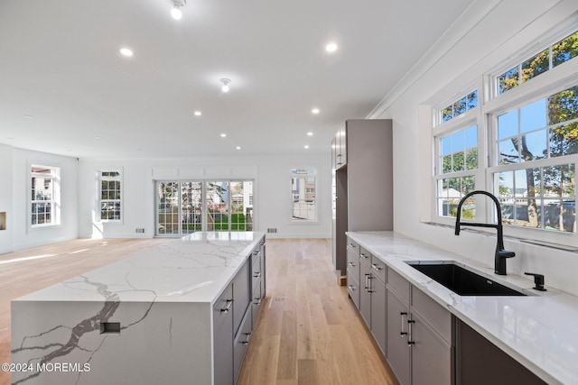 kitchen with light wood-type flooring, light stone counters, gray cabinetry, crown molding, and sink
