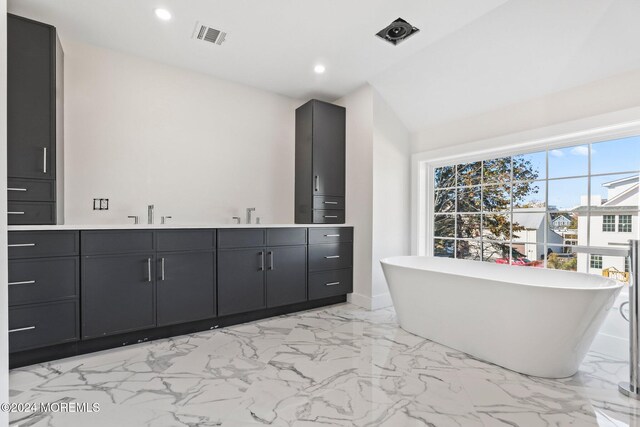 bathroom featuring a washtub, a wealth of natural light, vanity, and vaulted ceiling