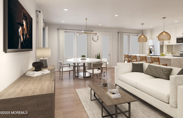 living room featuring light wood-type flooring and a chandelier