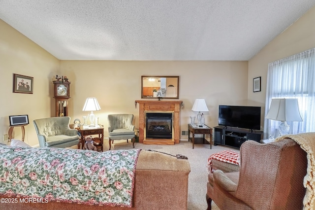 carpeted living room with a textured ceiling