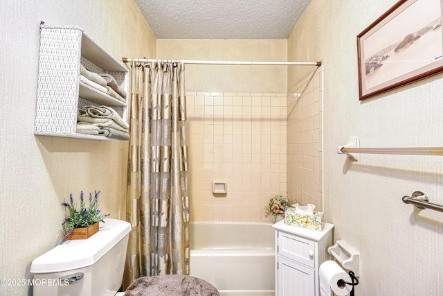 bathroom with a textured ceiling, shower / tub combo with curtain, and toilet