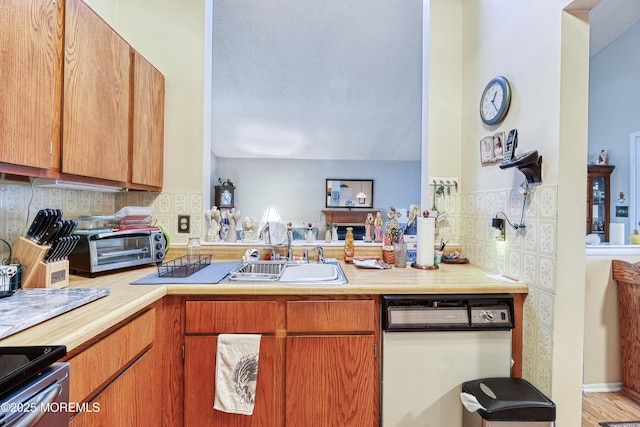 kitchen with sink, a textured ceiling, dishwasher, decorative backsplash, and electric stove