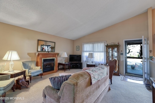 carpeted living room with lofted ceiling and a textured ceiling