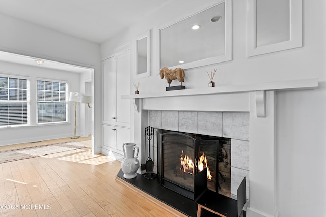 details with hardwood / wood-style flooring and a fireplace