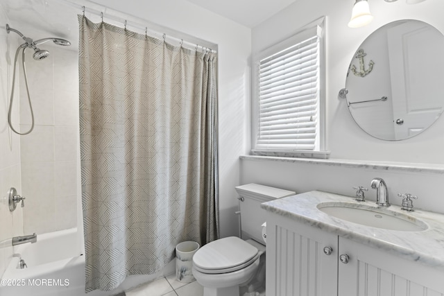 full bathroom with shower / tub combo with curtain, toilet, tile patterned flooring, and vanity