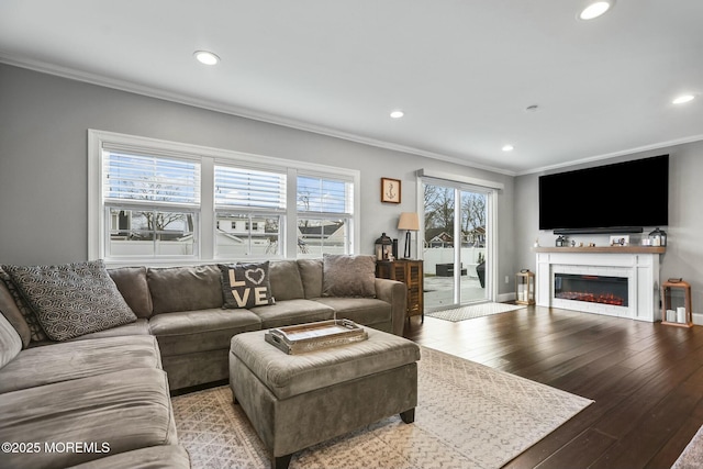 living room featuring light wood-type flooring and crown molding