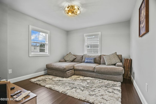 living room with dark hardwood / wood-style flooring