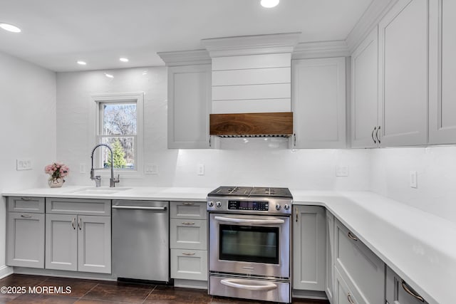 kitchen featuring premium range hood, appliances with stainless steel finishes, decorative backsplash, and sink