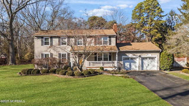 view of front of property featuring covered porch, a front yard, and a garage