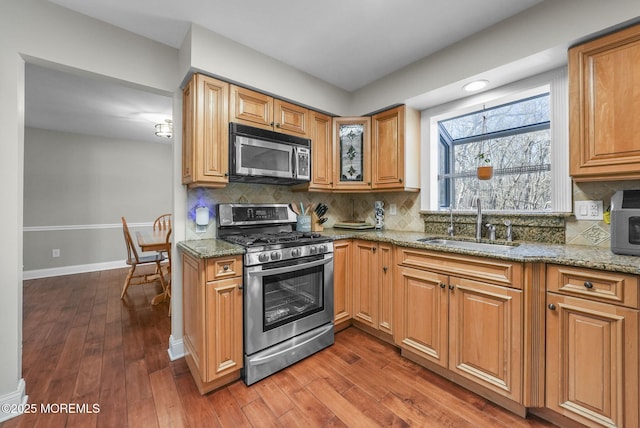 kitchen featuring backsplash, sink, light stone countertops, and stainless steel appliances