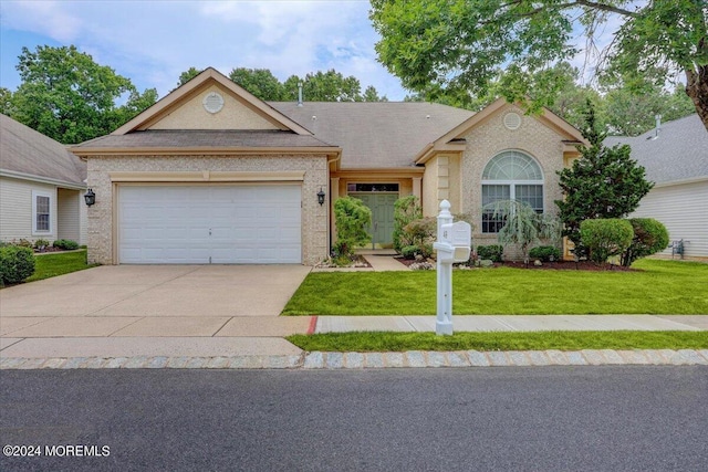 view of front of property with a front lawn and a garage