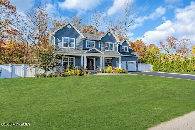 view of front facade with covered porch, a front yard, and a garage