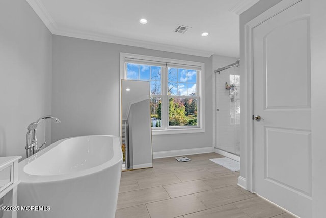 bathroom featuring crown molding, tile patterned flooring, and shower with separate bathtub