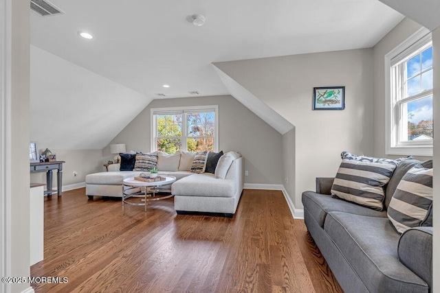 living room with wood-type flooring, a wealth of natural light, and lofted ceiling