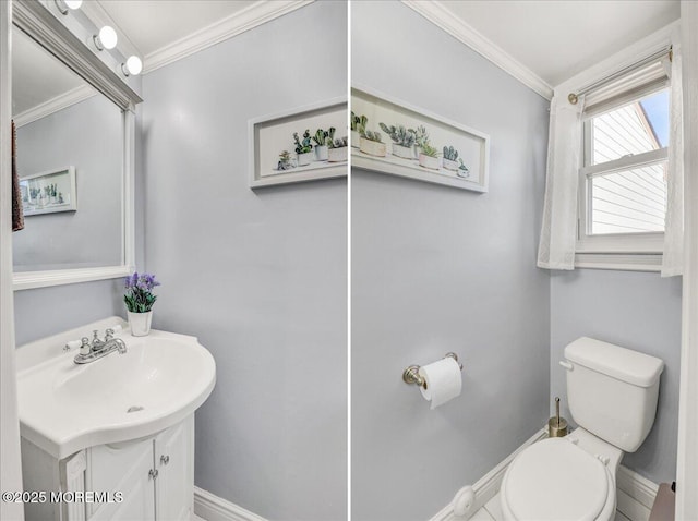 bathroom featuring vanity, toilet, and ornamental molding