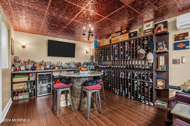 wine area with bar, wine cooler, and a wall unit AC