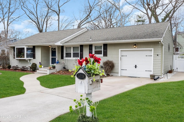 single story home with a front yard and a garage