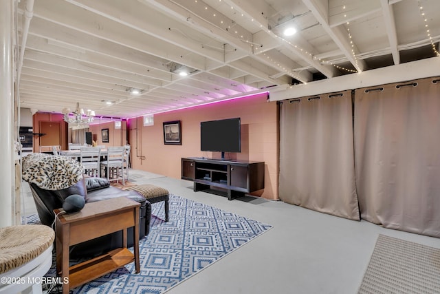 living room with concrete floors