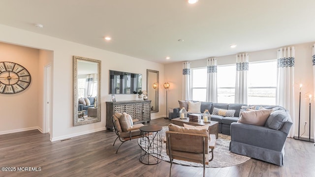 living room featuring dark wood-type flooring