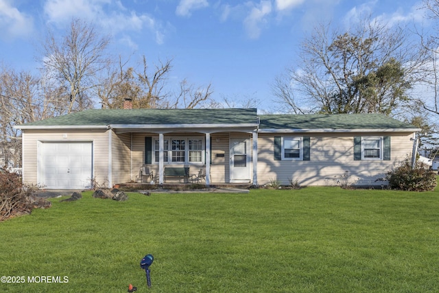 ranch-style house with covered porch, a garage, and a front yard