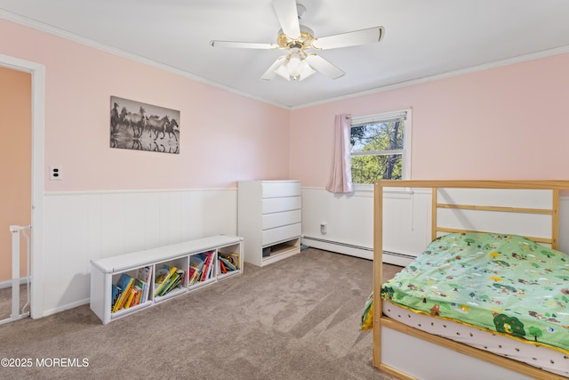 bedroom featuring baseboard heating, ceiling fan, light carpet, and ornamental molding