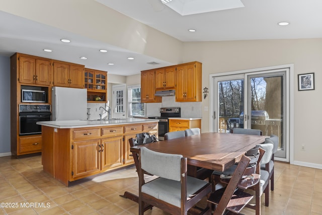 kitchen with a center island with sink, lofted ceiling with skylight, a healthy amount of sunlight, and appliances with stainless steel finishes