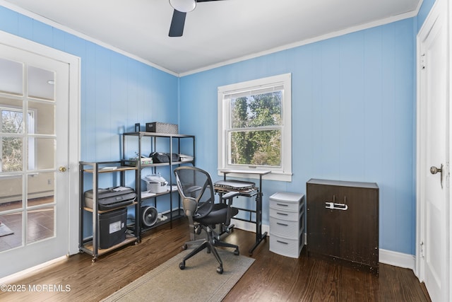 office area with ceiling fan, baseboard heating, ornamental molding, and hardwood / wood-style flooring