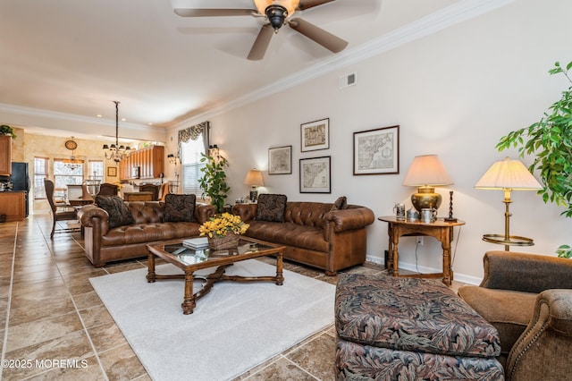 living room with crown molding and ceiling fan with notable chandelier