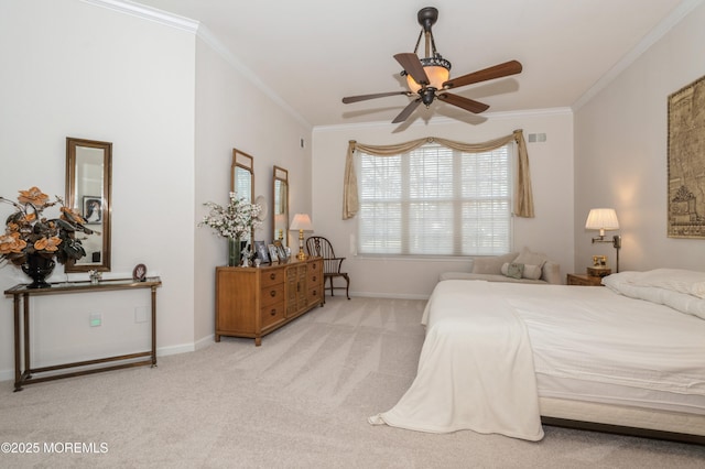 carpeted bedroom featuring ceiling fan and ornamental molding