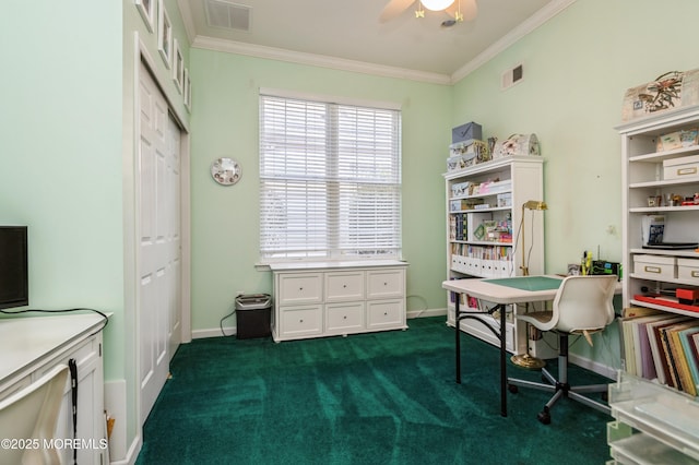 carpeted office space featuring ceiling fan and crown molding