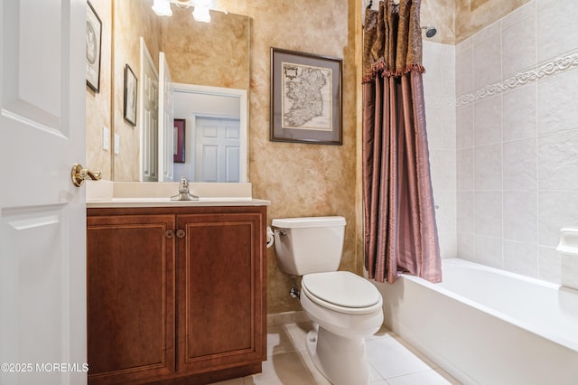 full bathroom with toilet, shower / bath combination with curtain, tile patterned floors, and vanity