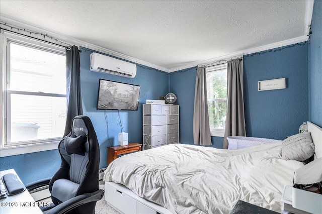 bedroom featuring a textured ceiling, a wall mounted air conditioner, and ornamental molding