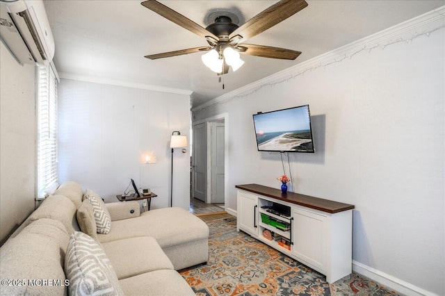 living room featuring ceiling fan, an AC wall unit, and crown molding