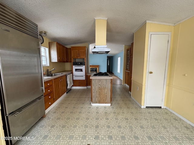 kitchen with a center island, sink, a wealth of natural light, stainless steel appliances, and extractor fan