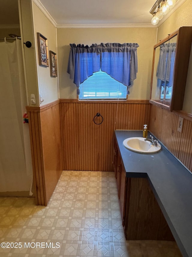 bathroom featuring vanity, wood walls, and ornamental molding