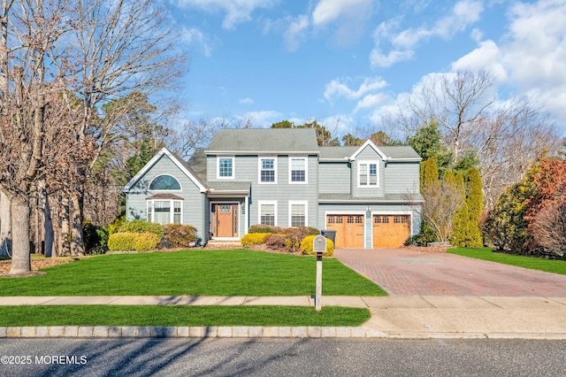 view of front facade with a front yard and a garage