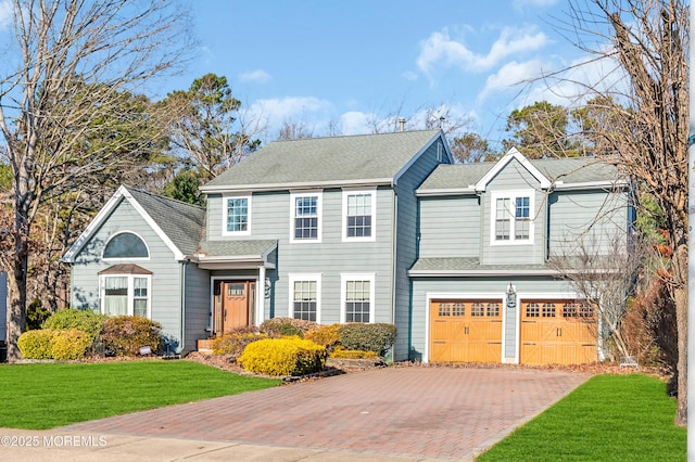 view of front facade featuring a front yard and a garage